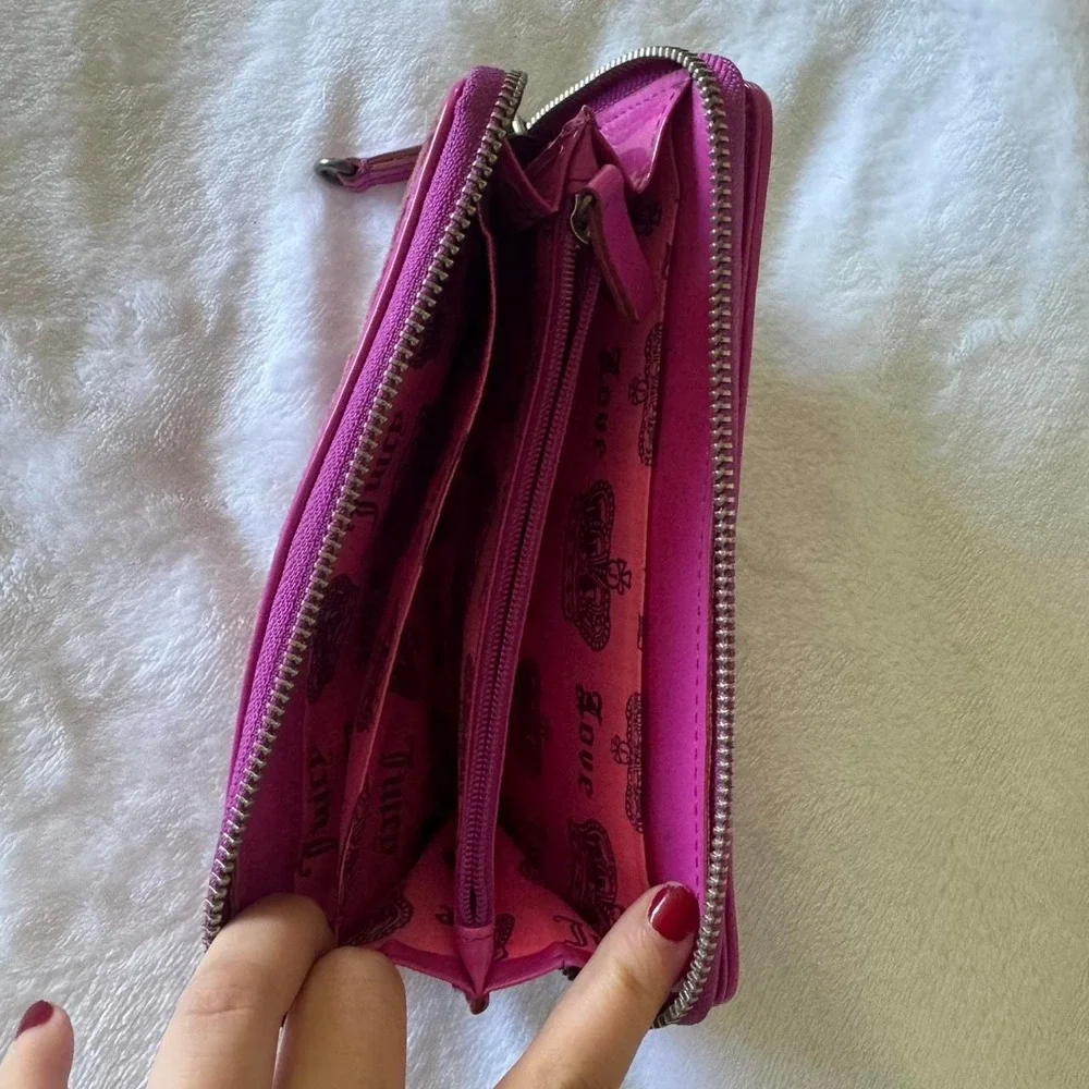 Y2K‎ vintage pink velour Juicy Couture zip-around wallet with crown charm
